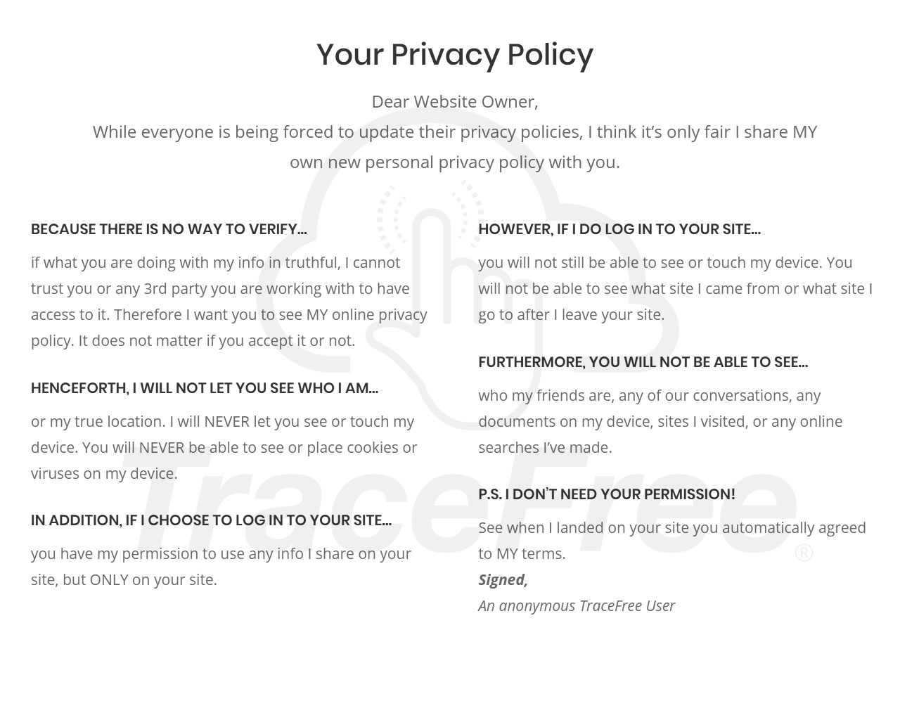 Trace Free Your Own Privacy Policy